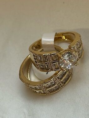 Gold-Plated Round CZ Engagement Ring with Baguette Accent - Gold